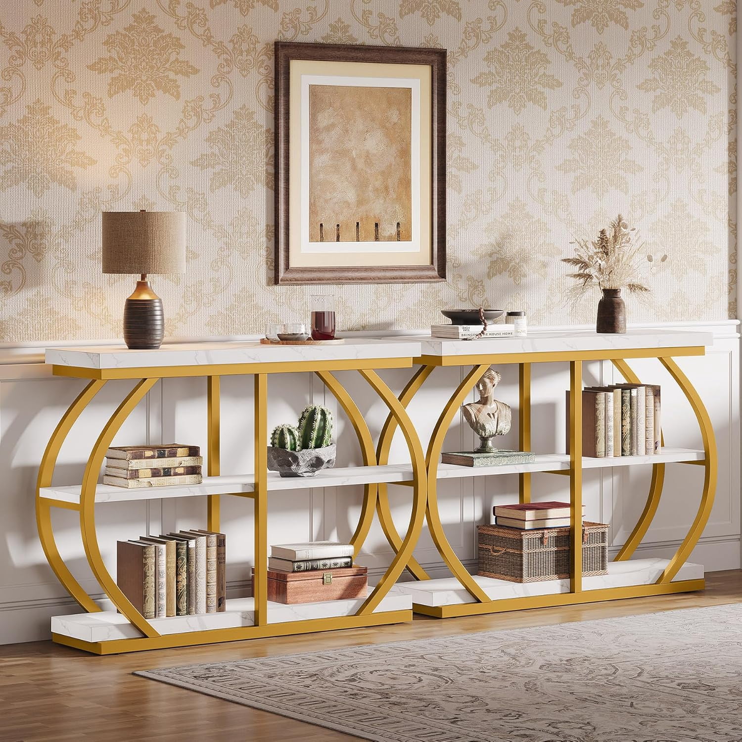 Tribesigns 41.3" Industrial Console Table: 3-Tier, Arched Metal Frame, Entryway Table with Storage Shelves, White & Gold