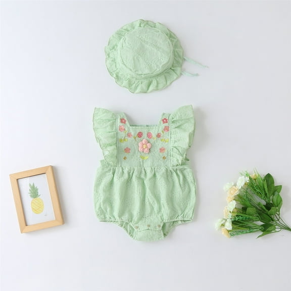 TOOYOU Baby Girl Bodysuits Cheap Toddler Girl Onesies Ruffles Sleeveless Lace Jumpsuit Clothing Set With Hat Soft Romper For Green Size 0-3 Months