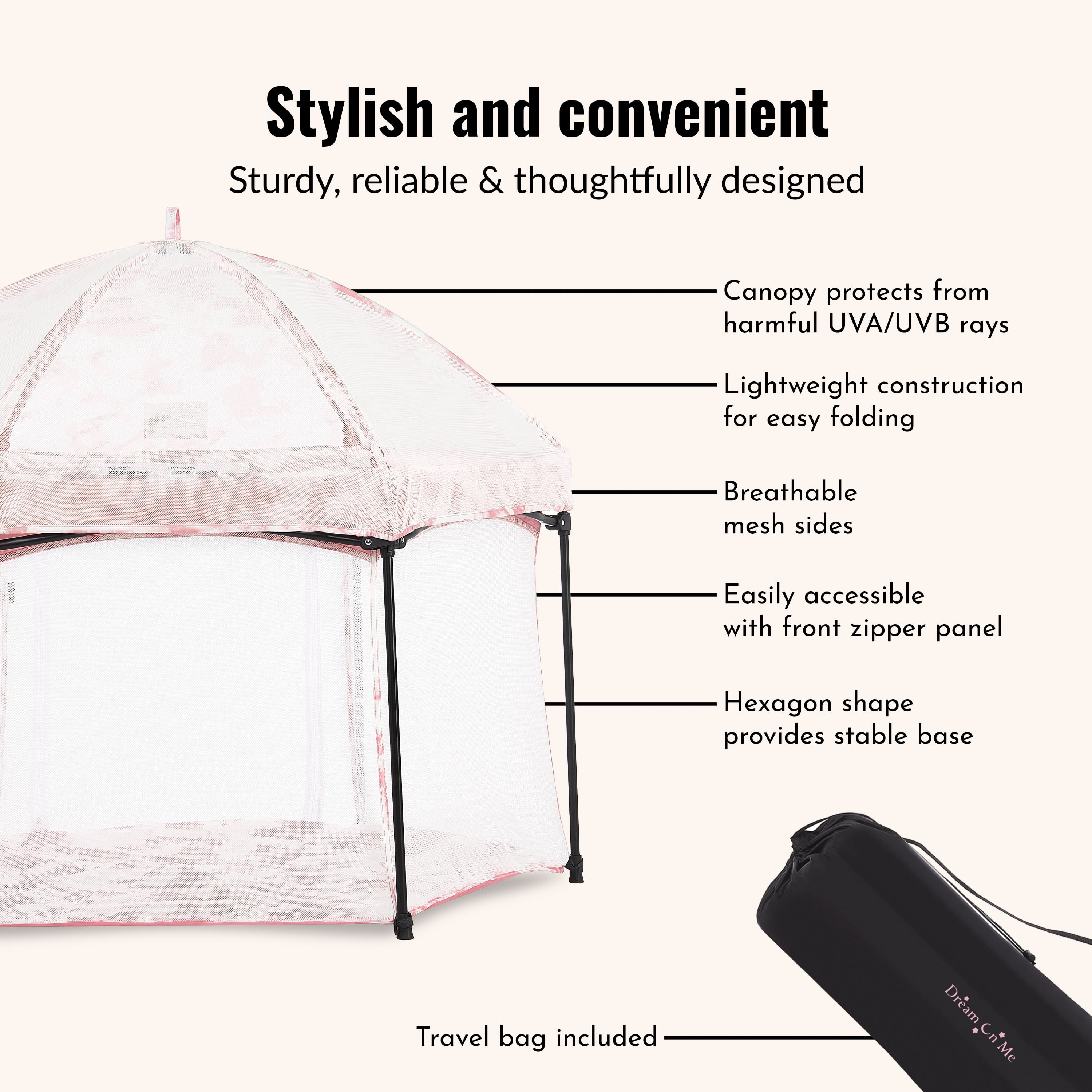 Dream On Me Onyx Baby Play Yard Set with Canopy, Blush Pink, Unisex