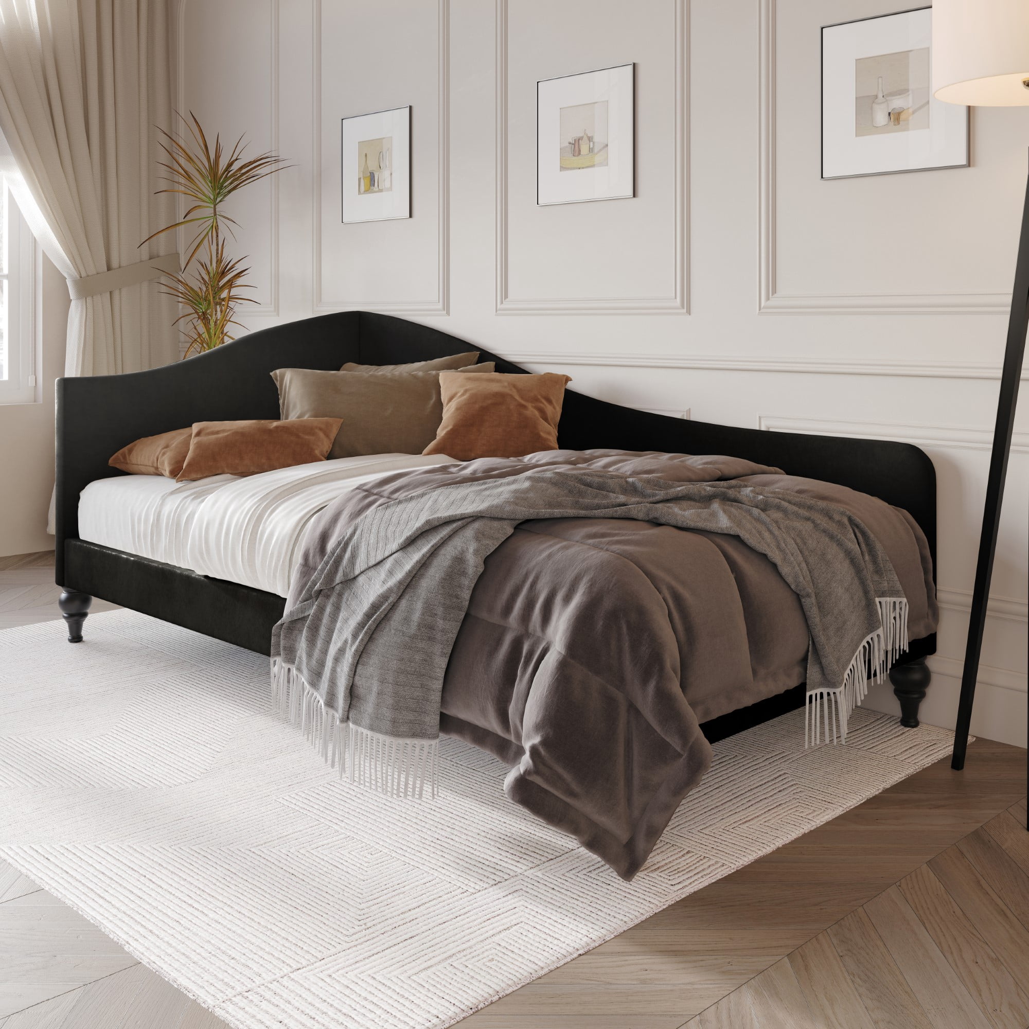 Home Design Ozark Twin Daybed with Upholstered Frame, Single Arm, High-Low Curved Back, Turned Tapered Legs, Stylish Seating and Sleeping, Black