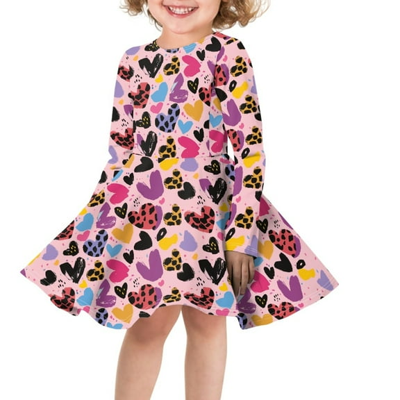 DISNIMO Girls Cow Print Dress Kids Heart Dress Girls 3-4 Dresses Long Sleeve Kids Midi Dress Girls Crew Neck Dress Children Skater Dress Girls Cute Fall Dress Kids Girls Swing Dress Long Sleeve
