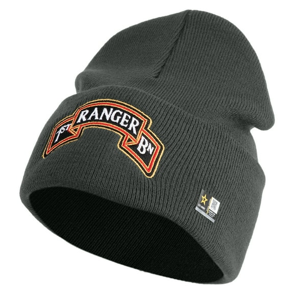 U.S. Army 1st Ranger Battalion Logo Embroidered 12 Inch Solid Knit Cuff Long Beanie Made in USA - Graphite OSFM