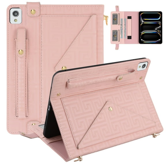 ELEHOLD Case for iPad Pro 12.9 2021/air13 2024, PU Leather Crossbody Multi-Card Slots Envelope Pocket Wallet Case with Hand Strap Shoulder Strap,Pink