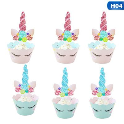 Fancyleo 12 PCS Unicorn Cupcake Decorations, Double Sided Toppers and Wrappers, Rainbow and Gold Glitter Decorations, Cute Girl's Birthday Party Supplies