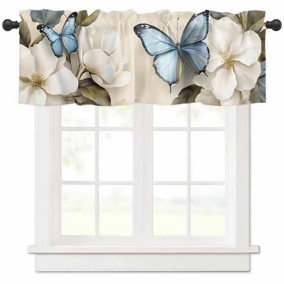 Window Treatment Valance Curtain, Watercolor Butterfly Flower White Spring Plant Shade Short Curtain for Kitchen Bathroom Living Room Bedroom Privacy Rod Pocket Drapes 54" W x 18" L 1 Panel