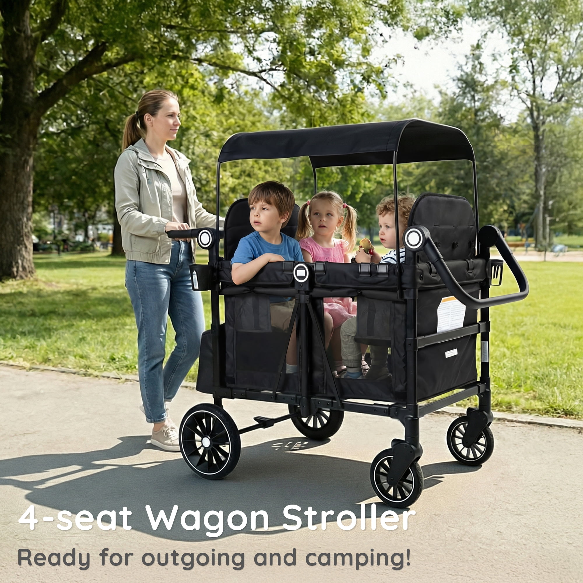 LINLUX Wagon Stroller for 4 Kids, Stroller Wagon 4 Seats w/Adjustable Handle, Detachable Tray, Black