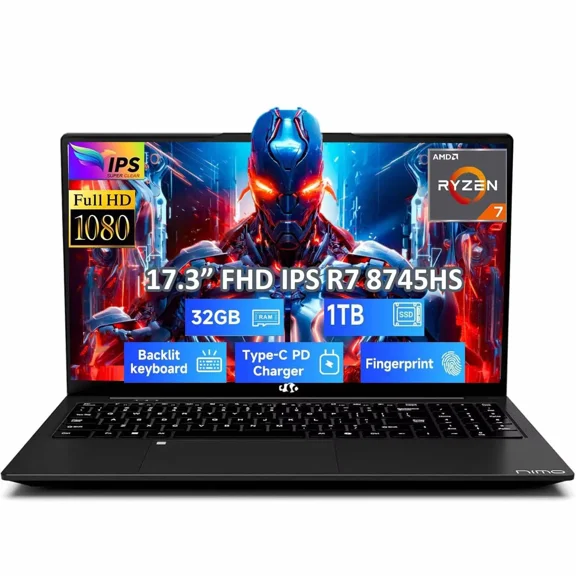 17.3" Business Gaming Laptop, AMD Ryzen 7 8745HS 32GB DDR5 RAM 1TB SSD (8C/16T, up to 4.9GHz) Radeon 780M Graphics Business Computer with 100W Type-C Backlit Keyboard, Fingerprint USB-C 4.0