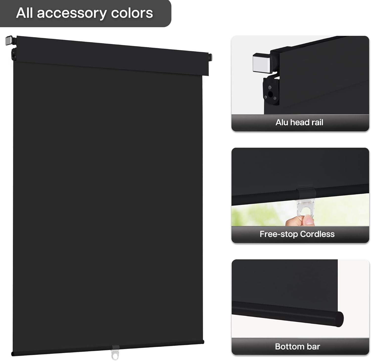LazBlinds No Drill Blinds for Indoor Windows, Blackout Roller Shades, Cordless Window Blinds, Thermal Insulated Fabric UV Protection, for in Home and Office, 46" W x 72" H, Black