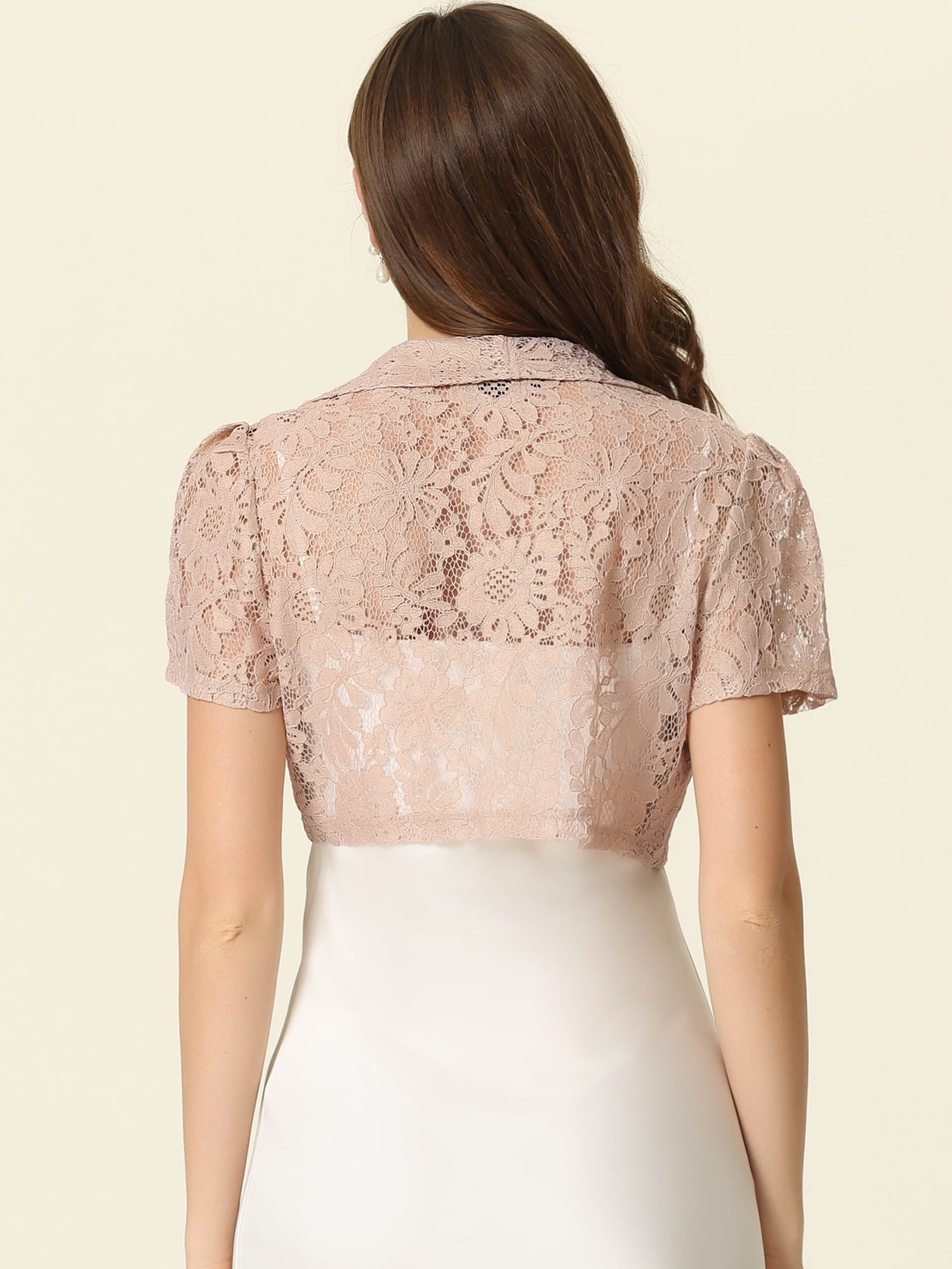 トップス 1960s Pink floral lace bolero jacket Unique Bargains Floral Lace Shrug for Women's Lapel Collar