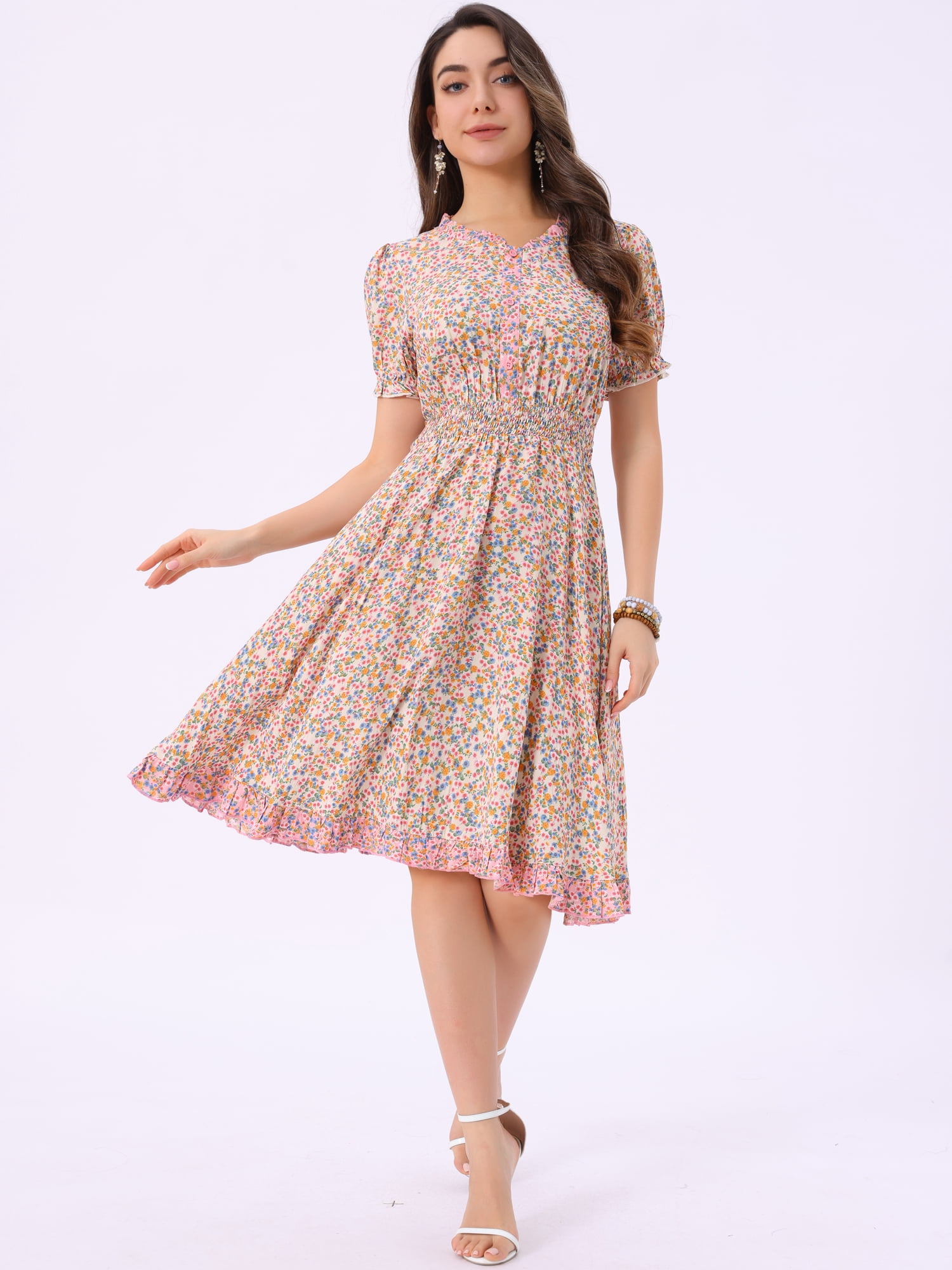 DARING DIVA Floral Ruffle Neck Smocked Waist Dress L Beige