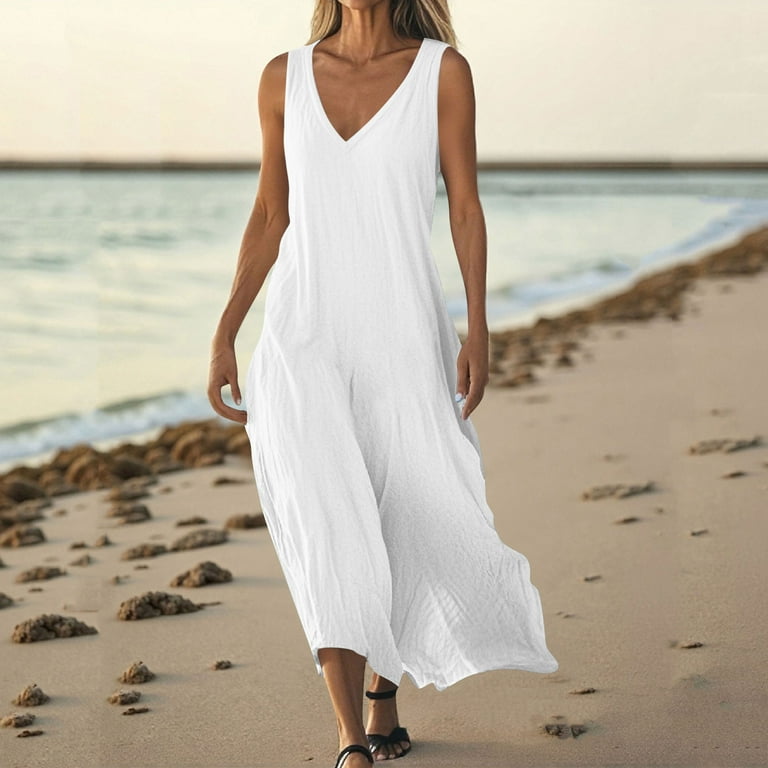 LOVZFMLL Summer Dresses for Women V Neck Short Sleeve/Sleeveless Swing Flowy  Maxi Dresses Loose Casual Beach Vacation Dresses White C M - Walmart.com