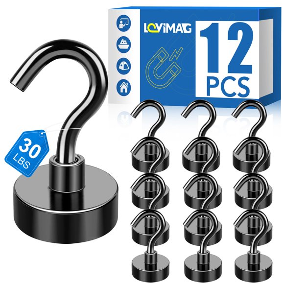 Ganchos magnéticos LOVIMAG, paquete de 12, 30 lb, resistentes, negros