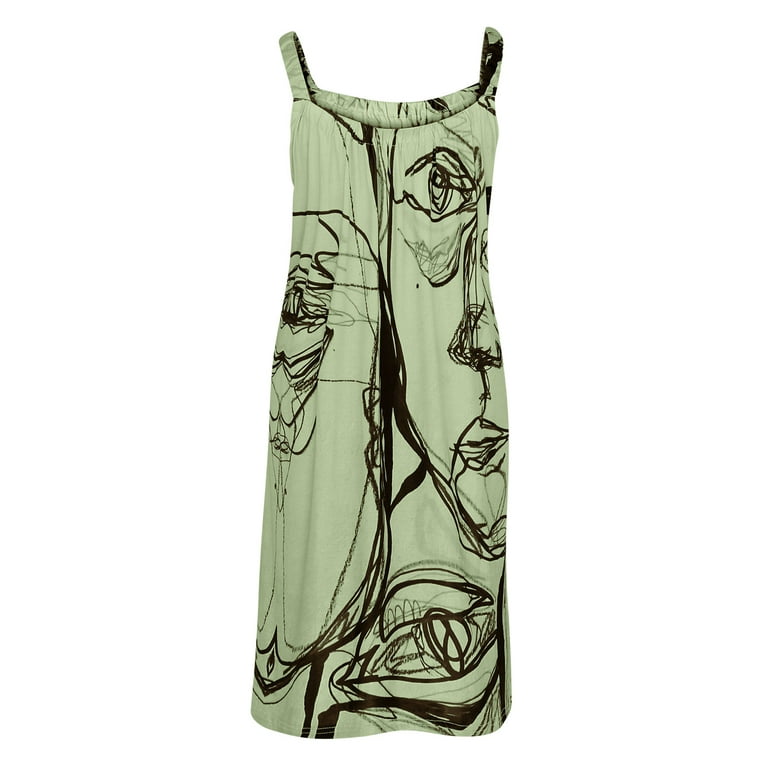Bigersell Tank Dress Pajamas for Women Casual Round Neck Sleeveless Bandage  Stripe Printed Loose Tank Sling Dress Women Boho Dress Style 2615, Female  Regular Dresses Green M 