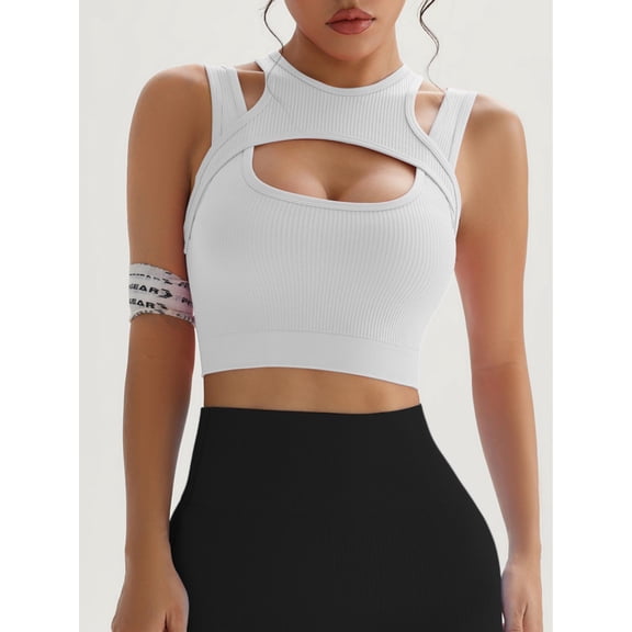 Push up Sports Bra for Women Sexy Hollow Crop Tops with Removable Cups Workout Fitness Yoga Bra Medium Support White S