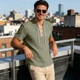 thumbnail image 4 of Men's Linen Shirts Short Sleeve Stand Collar Lace Up T Shirts Casual Lightweight Breathable Relaxed Fit Summer Tees, L, 4 of 7