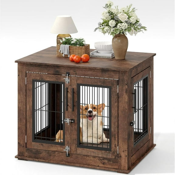 Senfot 31-Inch Double-Door Pet Crate Furniture, Wooden Dog House with Locking Wheels, Rustic Brown Finish