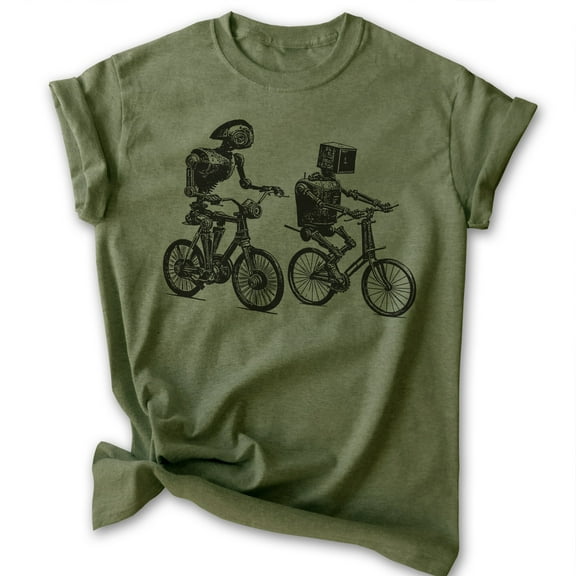Robots Riding Bikes T-shirt, Unisex Women's Men's Shirt, Robot Bike Bicycle Riding Robotics Nerd Geek, Heather Military Green, Medium