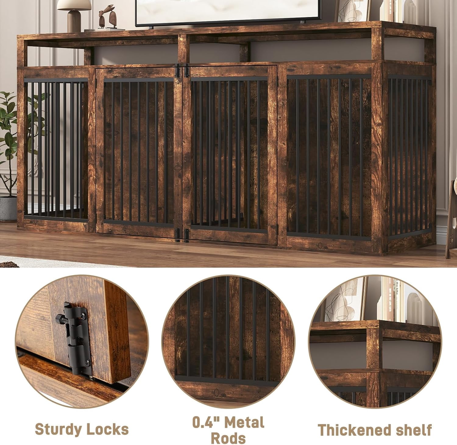ChVans 87" Large Farmhouse Dog Crate TV Stand,Wooden Dog Crate Furniture with 4 Lockable Doors/Solid Metal Tube,XL-XXL Heavty Duty Dog Crates Furniture for 2 Medium or Large Dogs,Rustic Brown