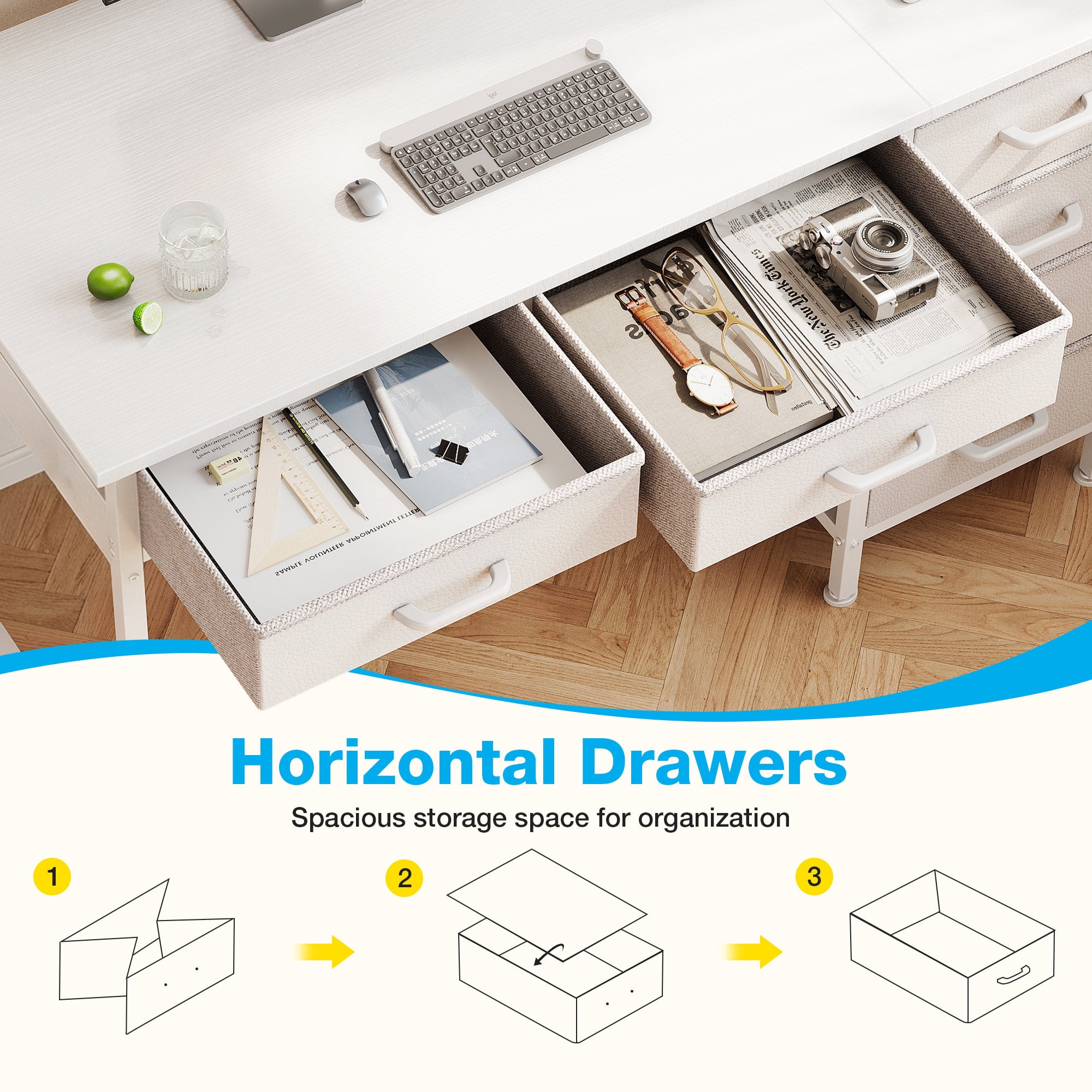 Casacomoda 48" Home Office Desk with 6 Drawers, Small Space Computer Desk with Reversible Storage, Corner Computer Desk, White