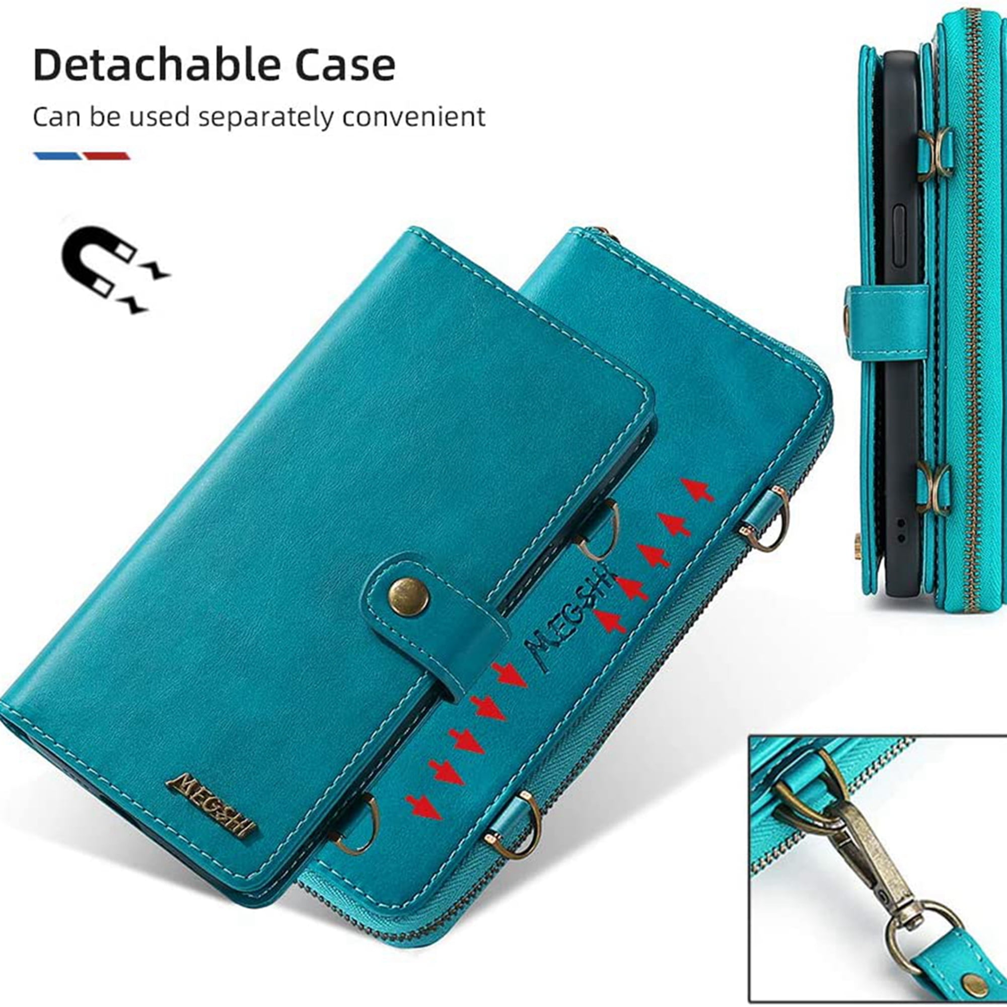 Dteck Wallet Case for iPhone 12 Pro / iPhone 12 6.1-inch, 2 in 1 Magnetic Detachable Wallet Purse [Crossbody Chain] Durable PU Leather Zipper Handbag Folio Flip Card Slot Protection Back Cover, Blue
