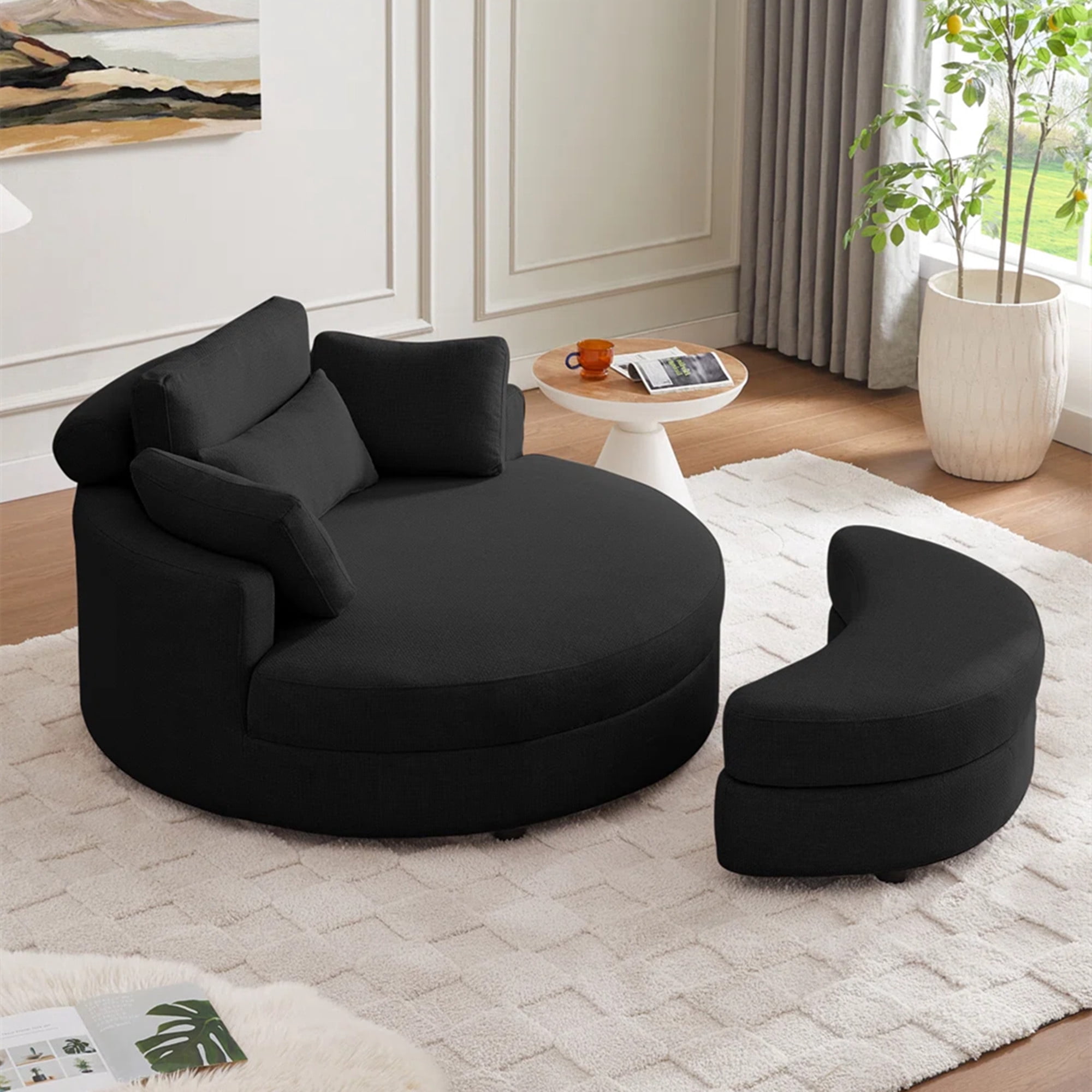 Aukfa 51"W Oversized Barrel Chair Accent Chair with Ottoman for Living Room Bedroom, Linen, Black