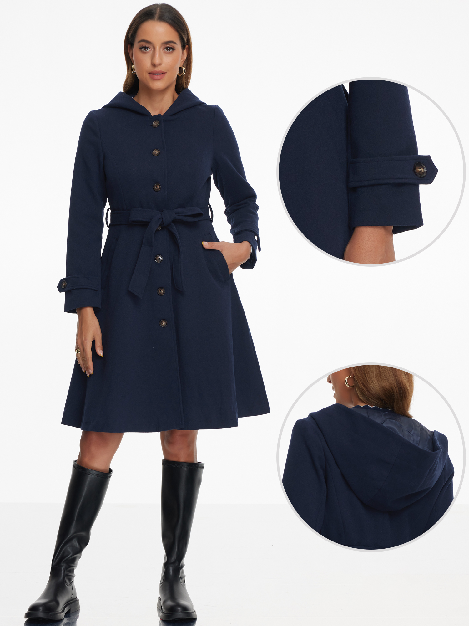 DARING DIVA Women's Single Breasted Belted Outerwear Coat with Pockets Dark Blue S