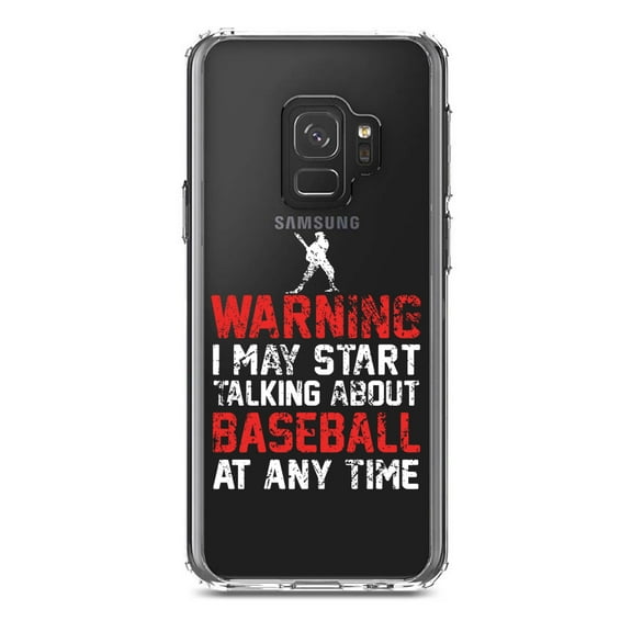 DistinctInk Clear Shockproof Hybrid Case for Samsung Galaxy S9 (5.8" Screen) - TPU Bumper Acrylic Back Tempered Glass Screen Protector - Warning May Start Talking Baseball