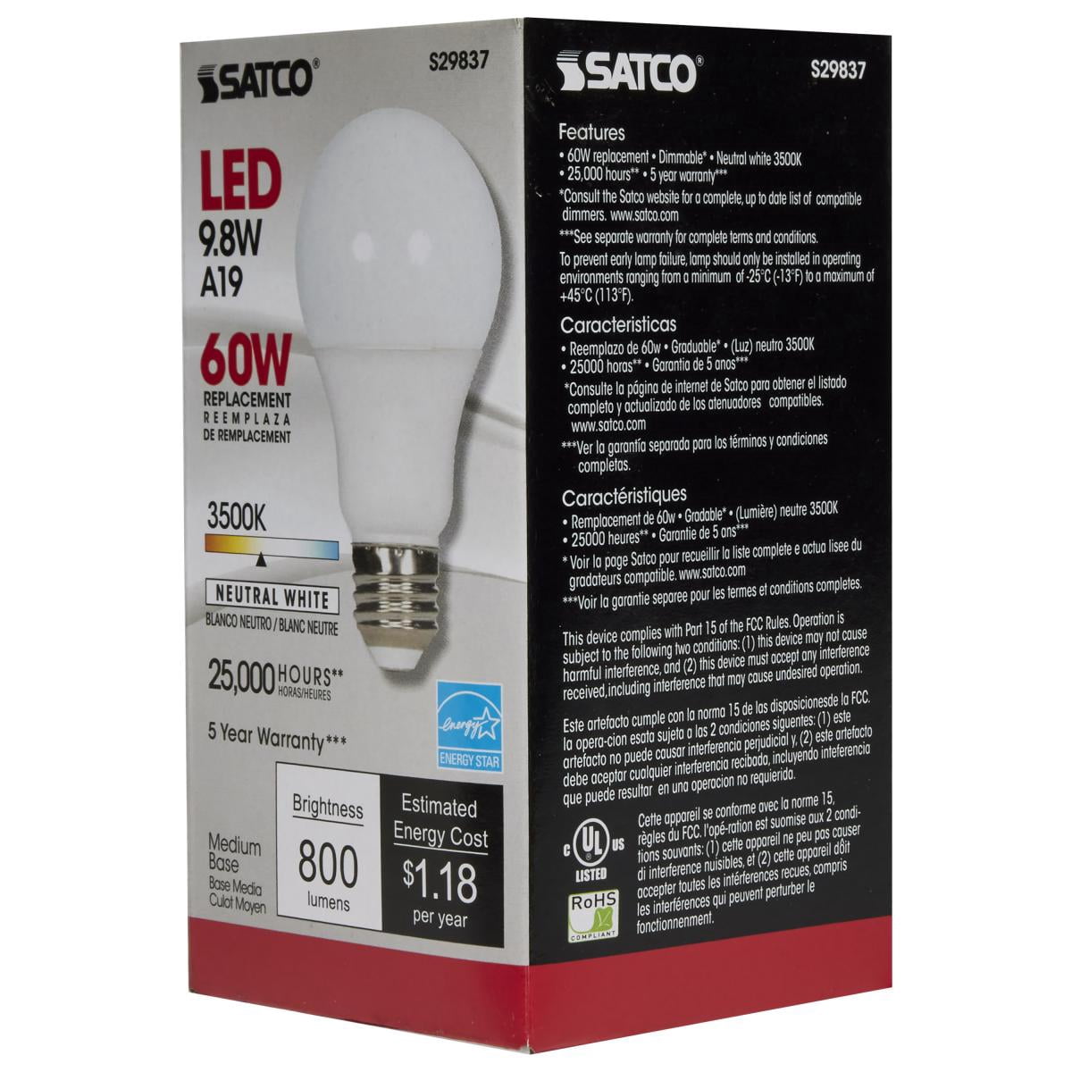 Satco S29837 A19 LED Light Bulbs 9.8W 120V 3500K E26 Medium Base 220 deg. Beam Angle Dimmable (6 Pack)