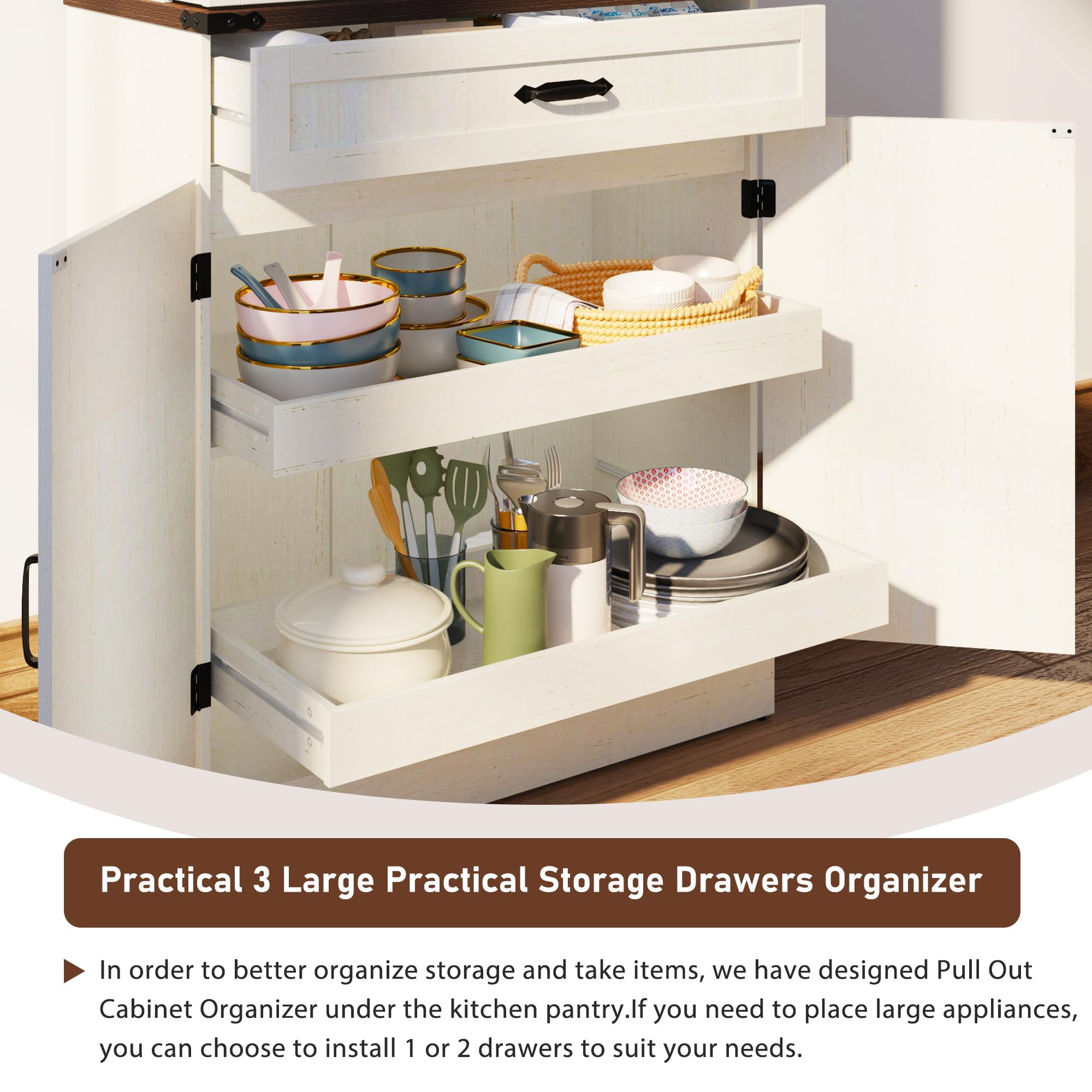 71" Tall Farmhouse Kitchen Pantry Cabinet with 6 Side Shelves & 3 Storage Drawer, Multifunctional Pantry Organizer with Adjustable Shelves & Load-Bearing Steel Pipe for Kitchen,Living Room, White