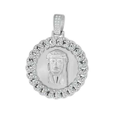 925 Sterling Silver Mens Round Cubic Zirconia CZ Circle Shape Jesus Face Religious Cuban Link Around Fashion Pendant