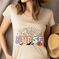 thumbnail image 4 of Cute Nurse Halloween Shirt with Skull Pumpkin Web Design, Heliconia, Size M, 4 of 6