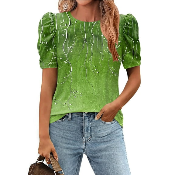 Xixinqiwan Women Tops Short Sleeves,Womens Summer Tops for 2025 Puffed Sleeves Casual Crew Neck Pleated Tops Blouses Fashion Botton Up Shirts