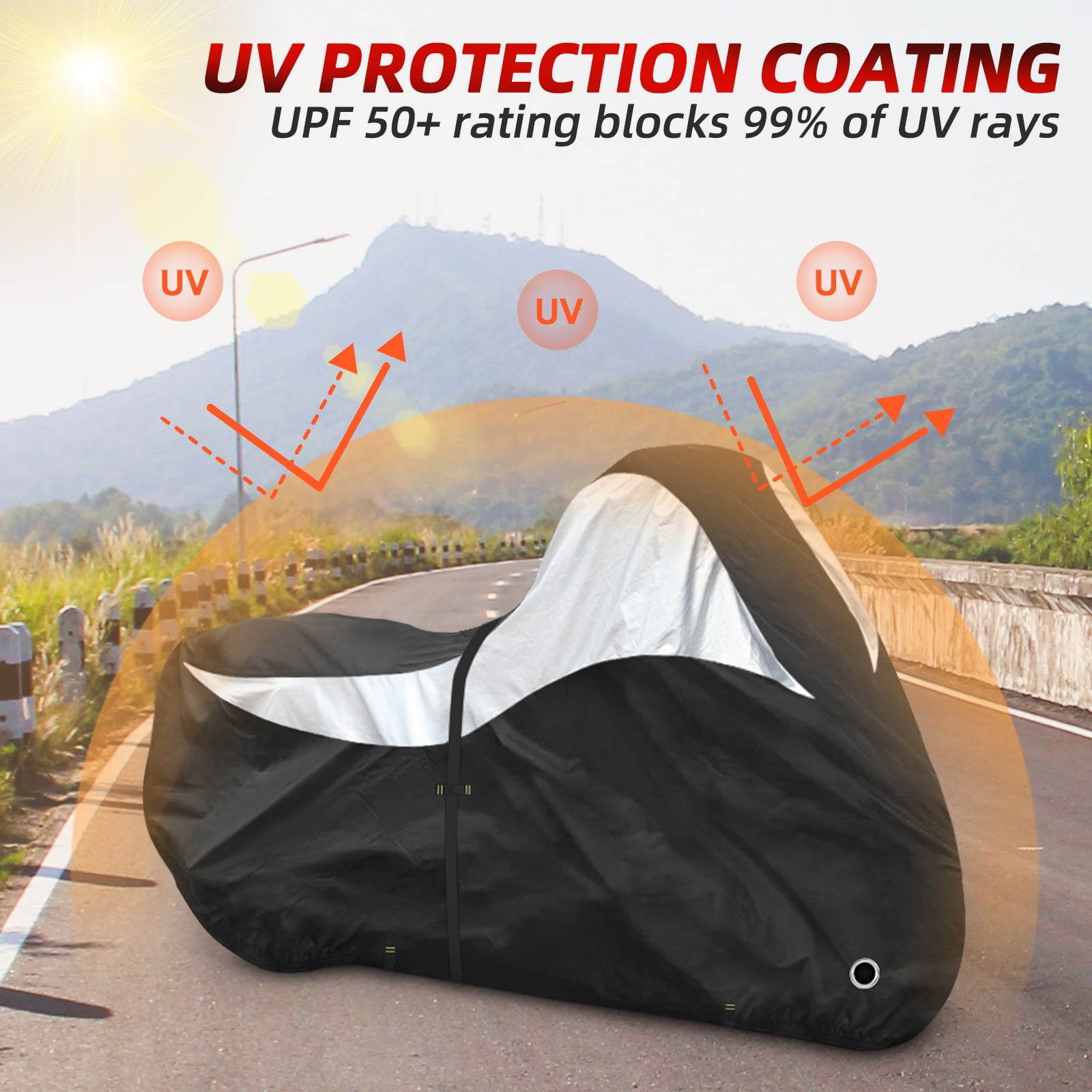 600D Motorcycle Cover, Heavy Duty Waterproof Motorcycle Covers Outdoor Storage with Lock-Holes Compatible with Harley Davidson, Honda, Suzuki, Yamaha (Side+Top Box)