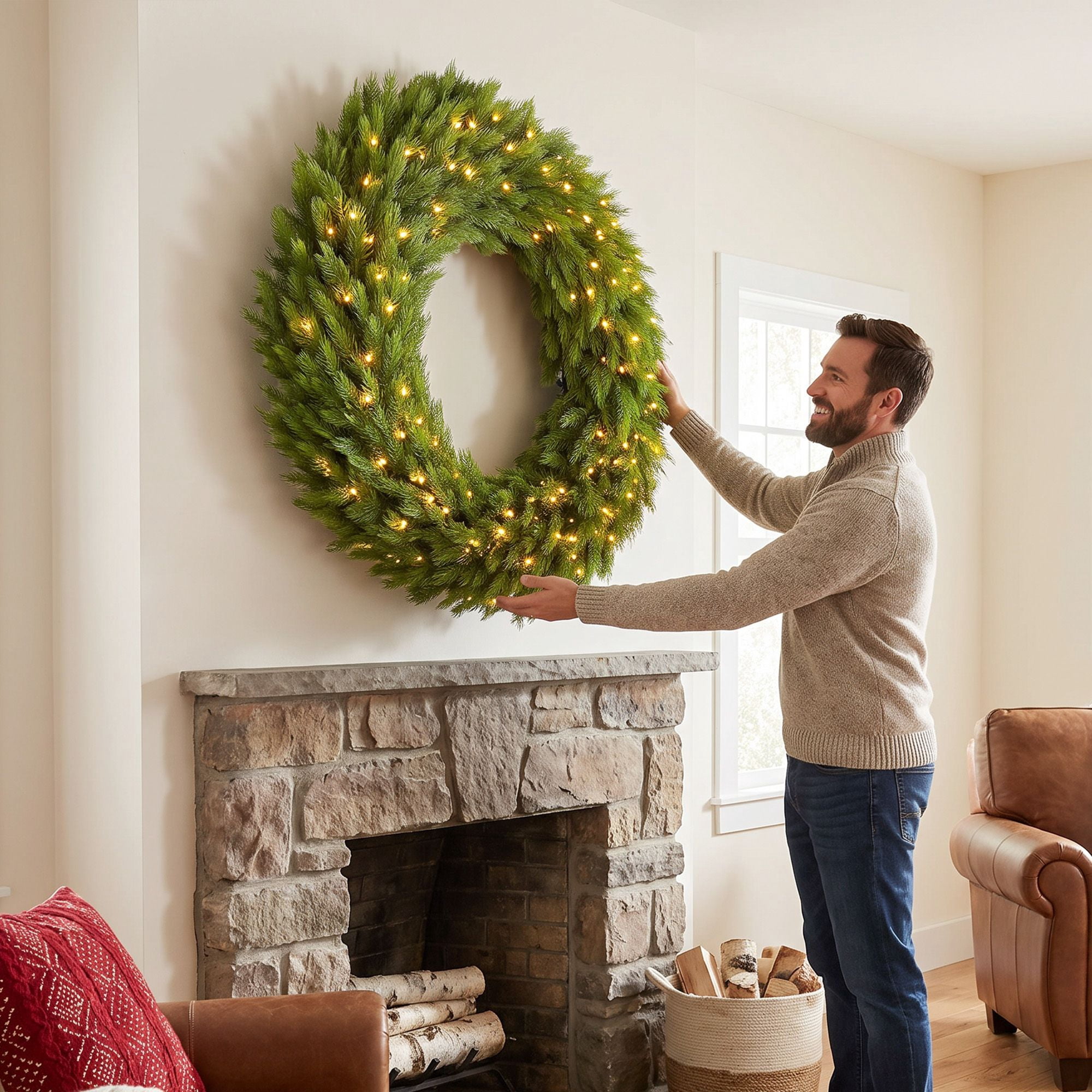 Pre-Lit Artificial Christmas Wreath, 48 in Norwegian Spruce with 150 Warm White LED Lights, 750 Branch Tips, Indoor and Covered Outdoor Holiday Door Decor