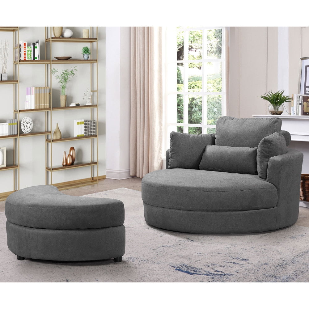 Lifeway Linen Modern Sofa Big Round Chair with Storage Pillows Ottoman ...