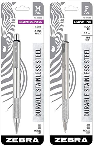 2-Count Gift Set 0.7mm HB Lead and 0.8mm Black Ink Fine Point Zebra M/F 701 Stainless Steel Mechanical Pencil and Ballpoint Pen Set