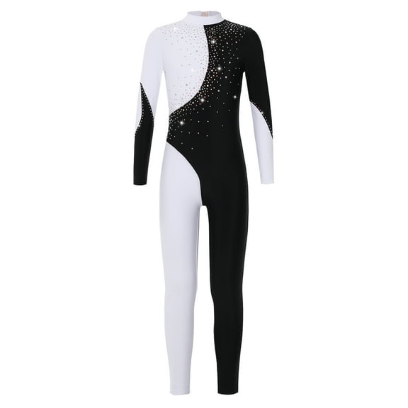 Alvivi Girls Kids Sparkle Diamond Jumpsuit Unitards Long Sleeve Full Length Gymnastic Bodysuit Black&White 16