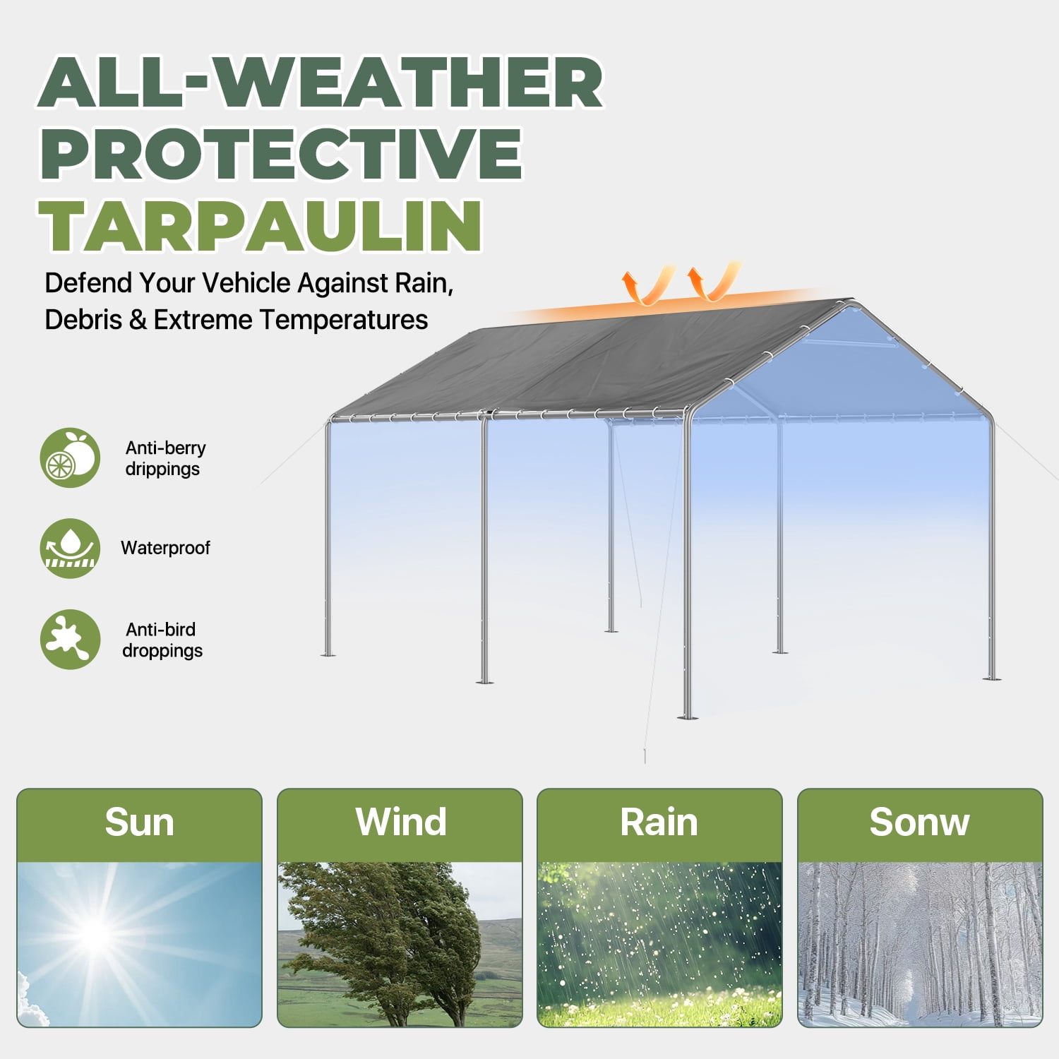 BaPiPro 10' x 20' Gray Gable Roof Carport Canopy, Heavy-Duty Galvanized Steel, Waterproof UV-Resistant PE Tent with Adjustable Height, 7-Level Wind Resistance for Car, Boat and Patio Storage