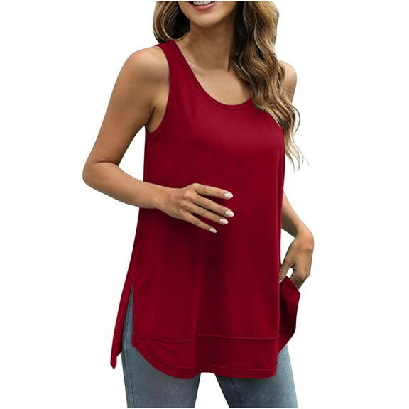 BLVB Loose Tank Tops for Women Scoop Neck Summer Casual Side Split Sleeveless Tank Shirts Tunic Fashion