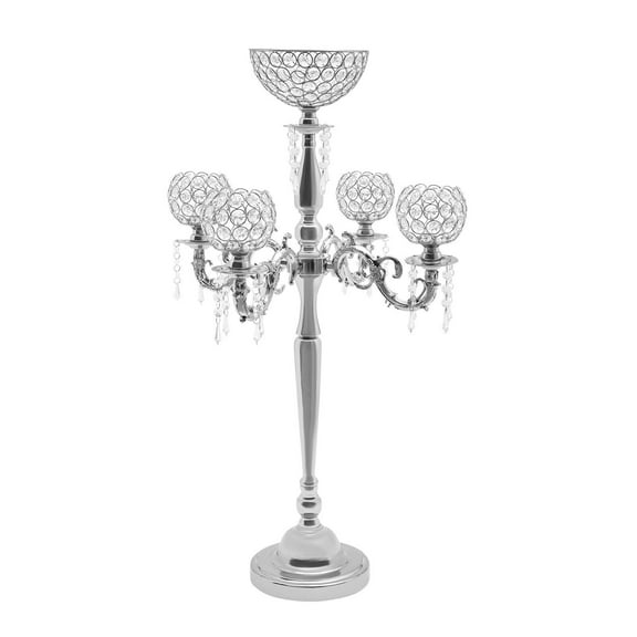 35" 5-Arm Candle Holder Candle Stand with Flower Vase for Centerpieces Silver Crystal, Iron Art