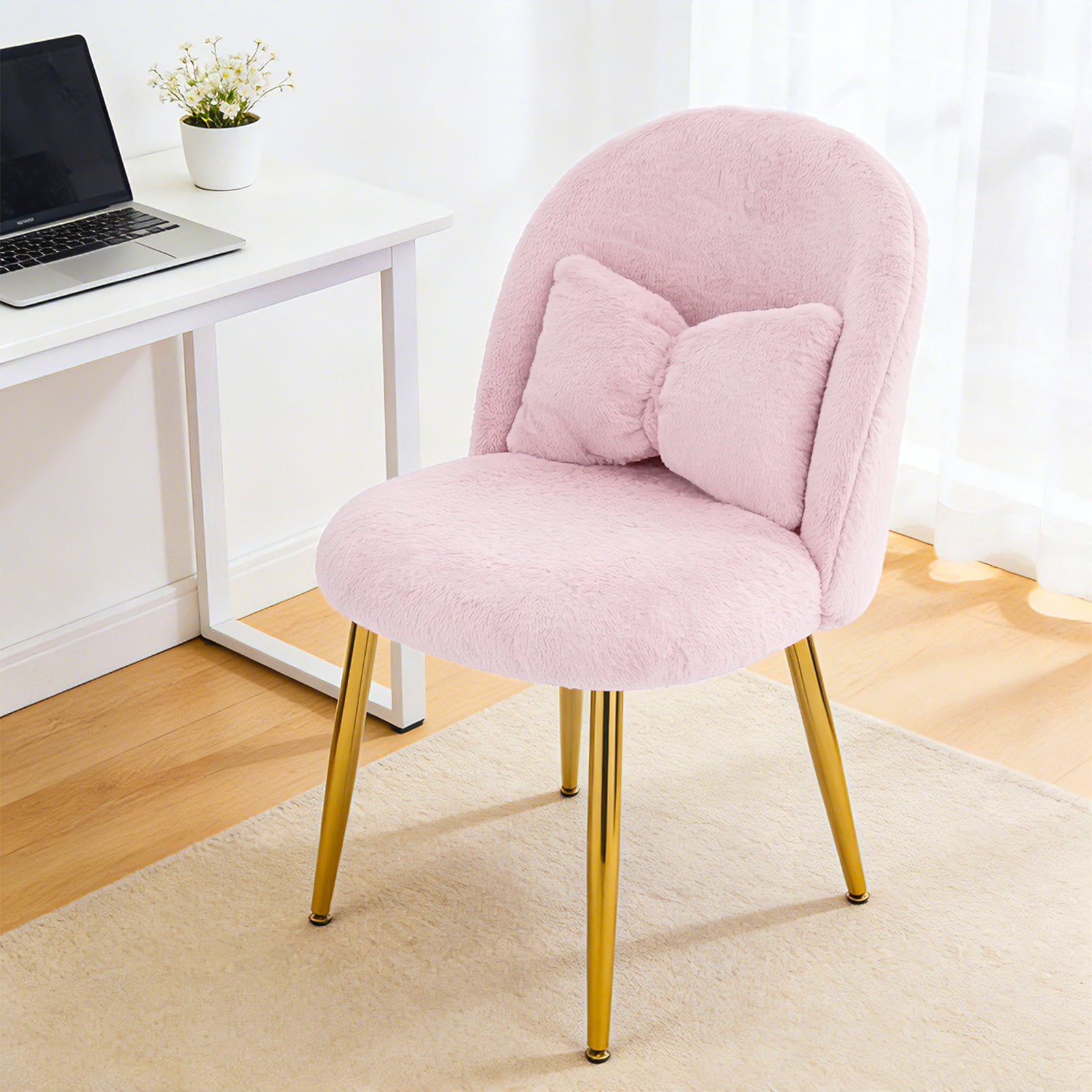 Ktaxon Vanity Makeup Chair Comfy Accent Chair Small Office Chair for Living Dining Room Bedroom Home Office Faux Rabbit Hair Pink