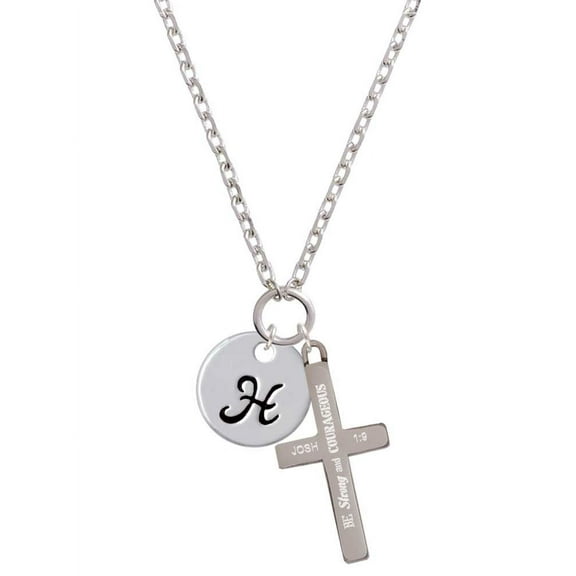 Delight Jewelry Silvertone Large Script Letter - H - 3/4'' Disc - Be Strong and Courageous Engraved Cross Zoey Necklace, 28"