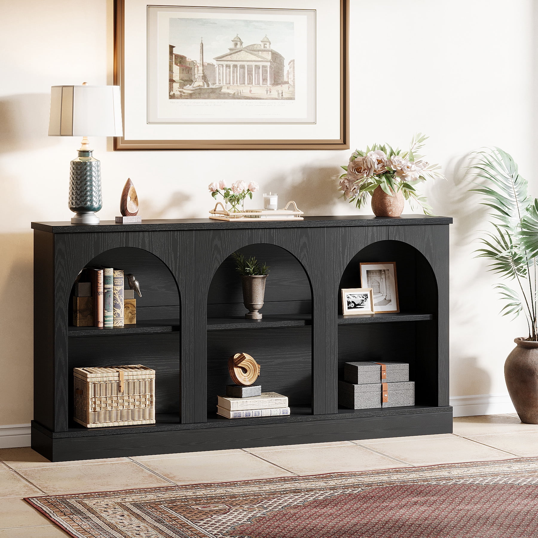 Tribesigns Farmhouse Console Table, 63-inch 3 Tier Entryway Table with Storage, Wooden Sofa Console Behind the Couch for Hallway, Black