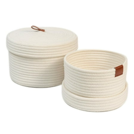 

Decorative Basket With LidsCotton Ropee Woven Basket With Lid Genuine Leather...