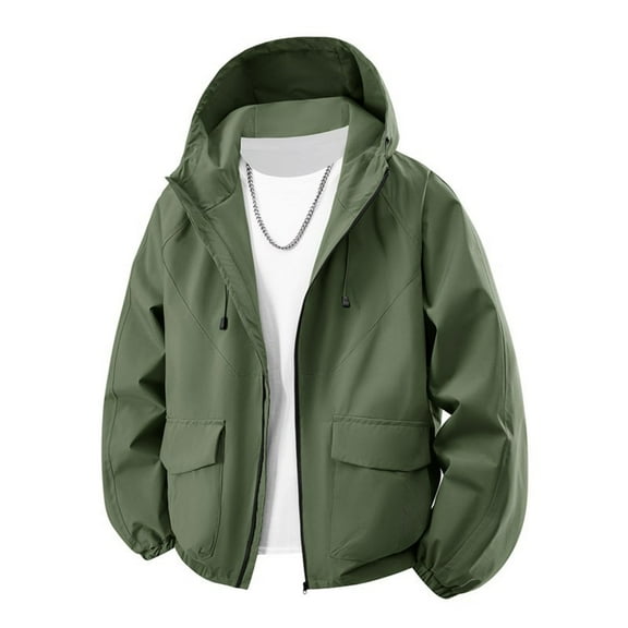 Plain Men's Winter Coats Windbreaker Long Sleeve Green Jacket Zip Up Hood Casual Mens Clothes