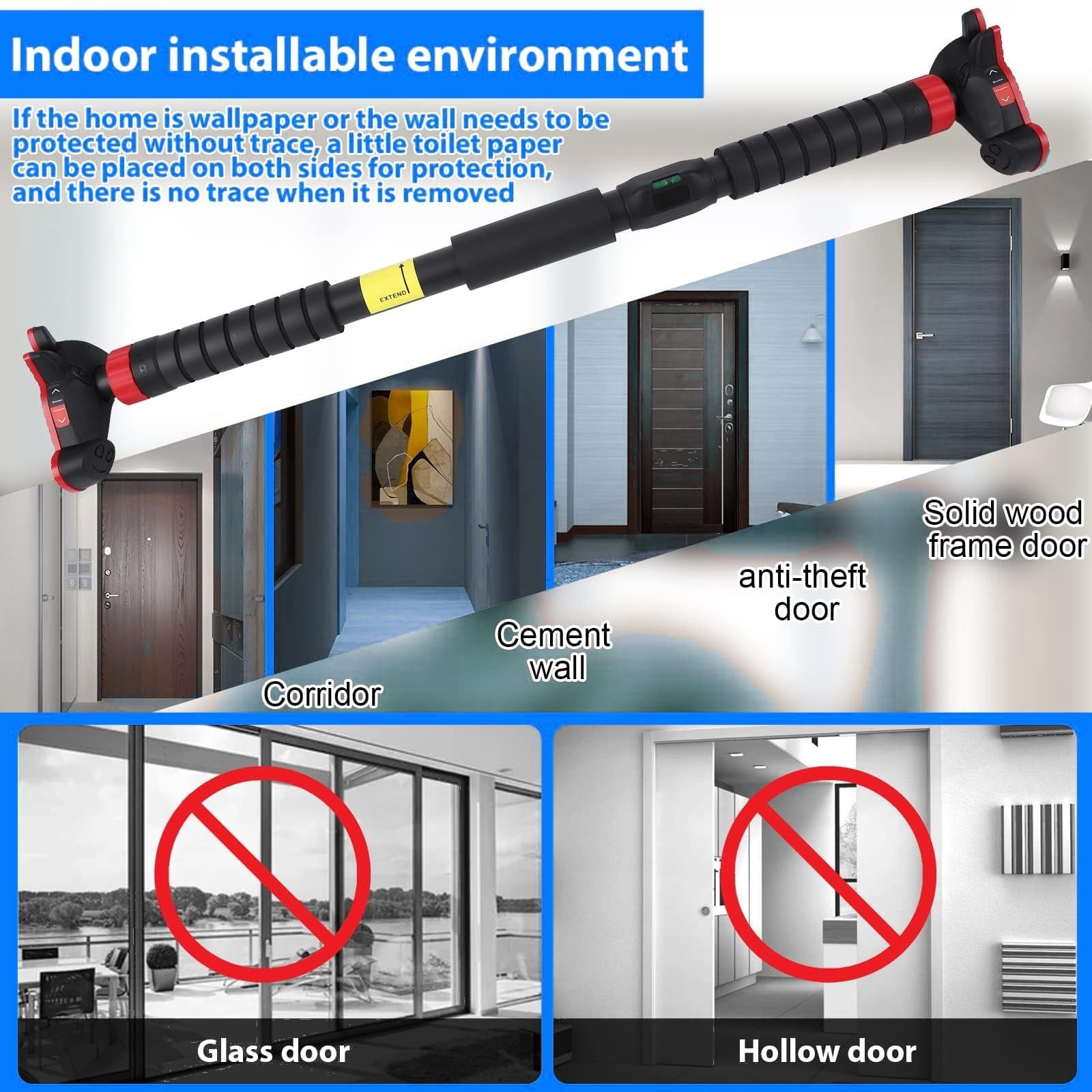 Wisykoke Doorway Pull Up Bar Adjustable Chin Up Bar for Home Gym, 440 LBS Max Load, with Level Meter & Anti-Slip Design for Strength Training, No Screws