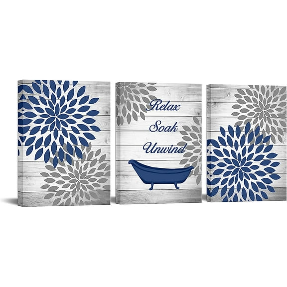 3 Pieces Rustic Floral Canvas Wall Art Dahlia Relax Soak Unwind Painting Artwork for Home Bathroom Decor Navy Blue Flower Picture Print Framed Ready to Hang Each Piece 12x16 Inch