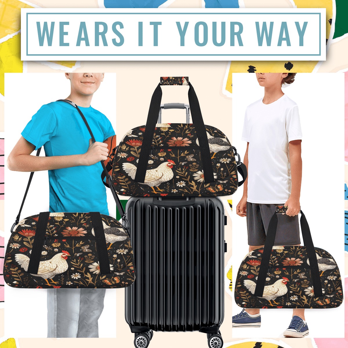 Herdesigns Sports Duffle Bags Travel Duffle Bag Gym Bag Farmhouse Floral Chicken Weekender Travel Bag Waterproof Overnight Bag Carry On Travel Tote Bag Dance Bags