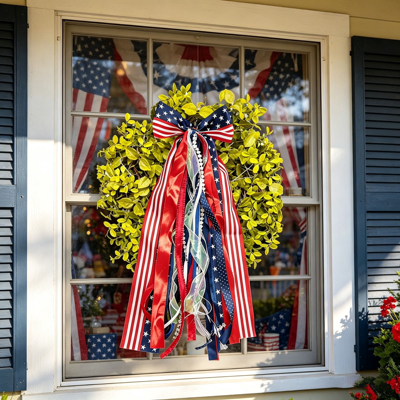 Red White Blue Patriotic Wreath Sash for Front Door, Assorted Ribbon Bundle with Star Charm, 4th of July Clip On Bow for Memorial Day Independence Day Decor Indoor Outdoor 2 Pcs