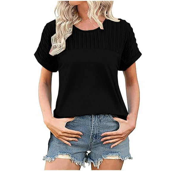 Wyobmus Womens Casual Tops Loose Fit Short Sleeve Shirt Solid Crew Neck Ribbed Knit Blouse T-Shirt Tunic S-2X Black